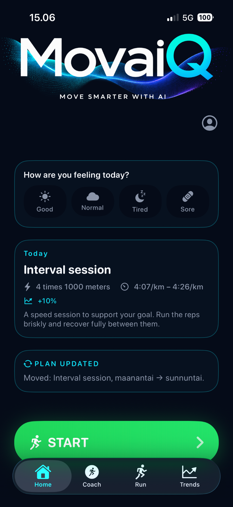 MovaiQ iOS home screen showing today's workout and training plan