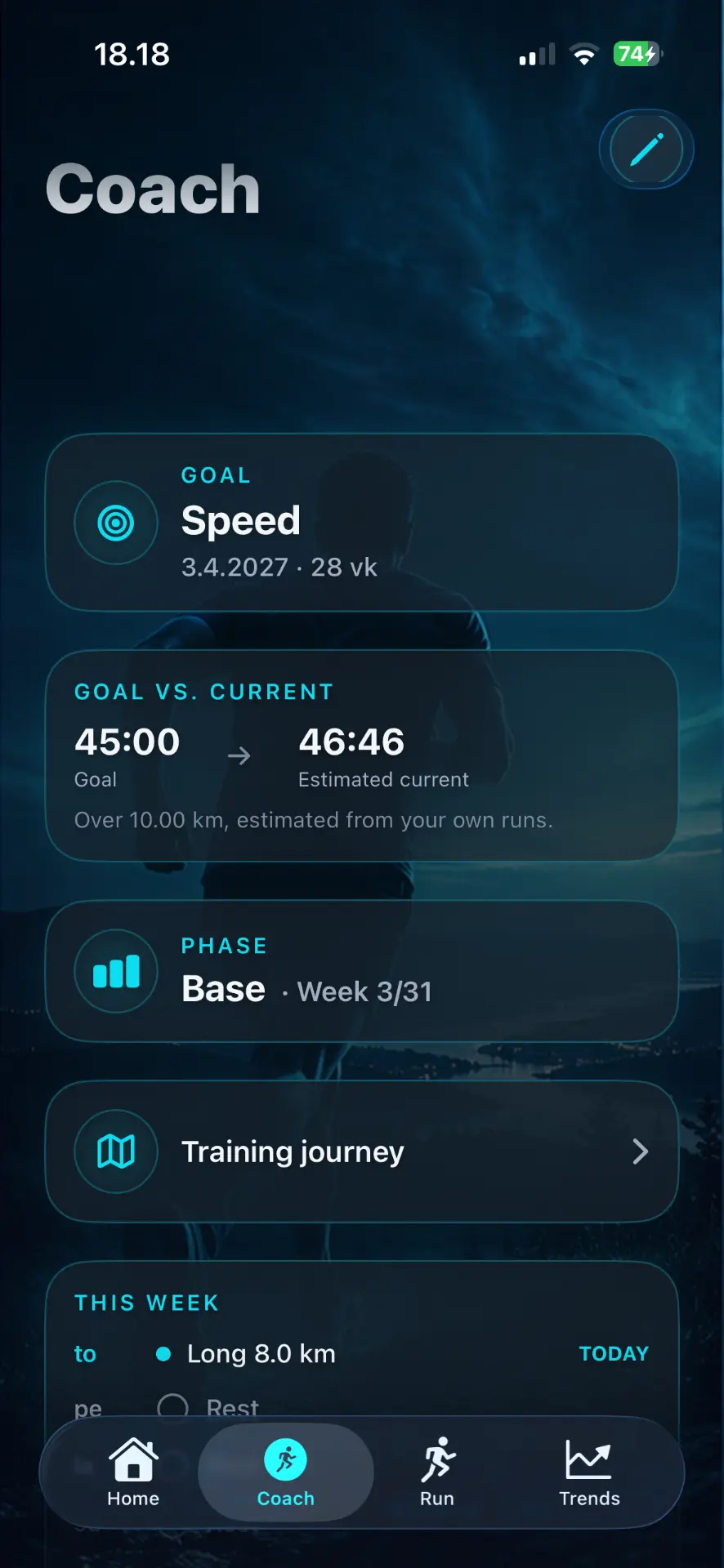 MovaiQ iOS Coach screen showing goal, current estimate, training phase and weekly plan