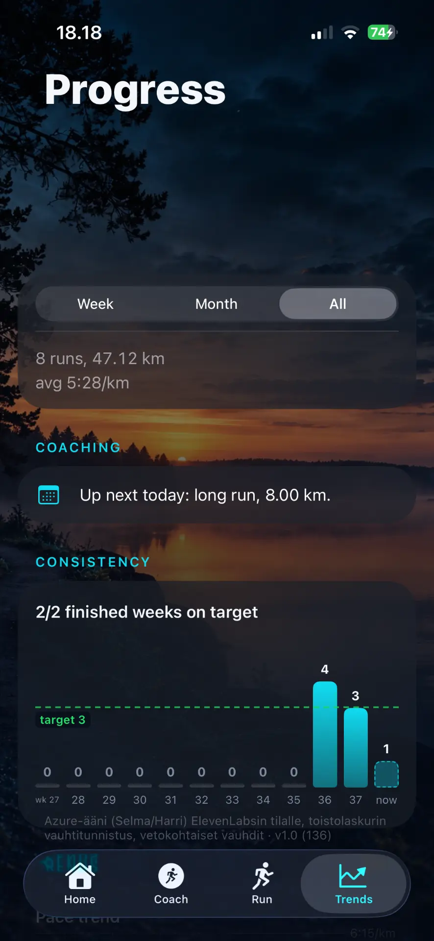 MovaiQ iOS History screen showing run totals, upcoming coaching, consistency and pace trend