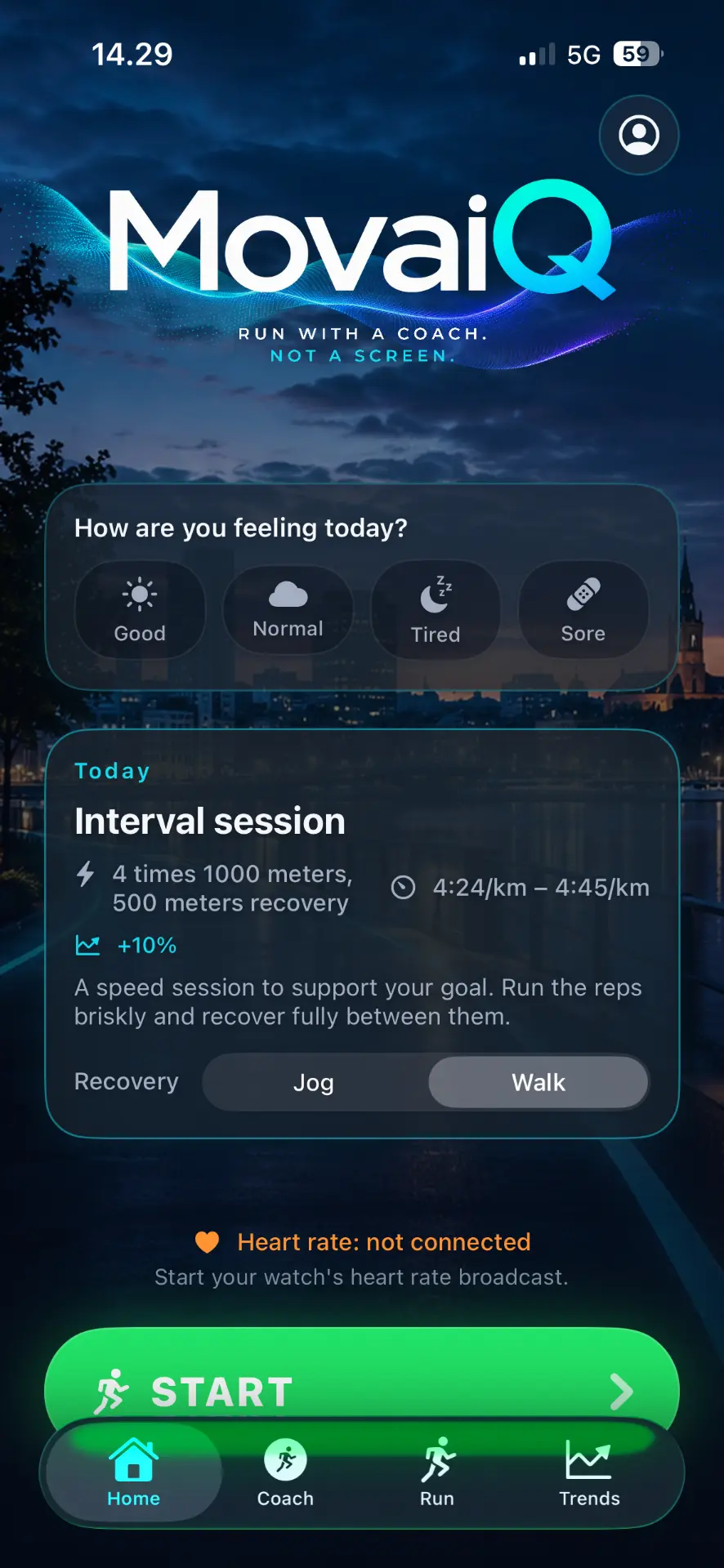 MovaiQ iOS home screen showing today's workout and training plan